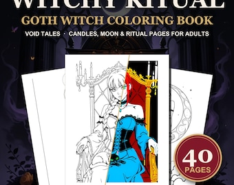 Heksenkleurboek | 40 Goth heksenkleurplaten voor volwassenen, met kaarsen, de maan en rituelen. Downloadbaar als PDF.
