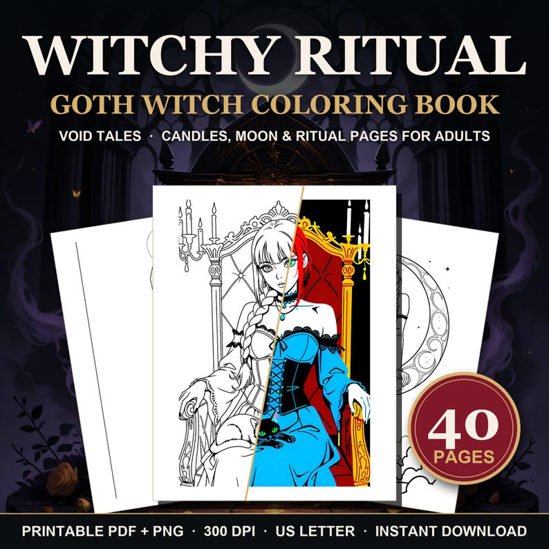 Witchy Coloring Book | 40 Goth Witch Coloring Pages for Adults, Candles, Moon & Ritual Printable PDF Download image 1