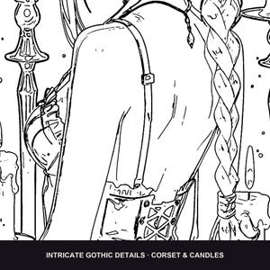 Puede incluir: Una ilustraci&oacute;n de arte lineal en blanco y negro que muestra a una persona con un cors&eacute; de tirantes finos y un peinado de trenza larga. La escena incluye candelabros altos y velas derretidas. El texto inferior dice INTRICATE GOTHIC DETAILS &middot; CORSET & CANDLES.