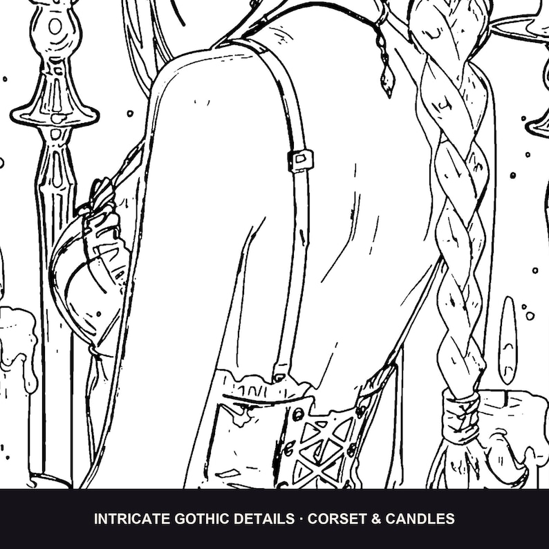 Puede incluir: Una ilustraci&oacute;n de arte lineal en blanco y negro que muestra a una persona con un cors&eacute; de tirantes finos y un peinado de trenza larga. La escena incluye candelabros altos y velas derretidas. El texto inferior dice INTRICATE GOTHIC DETAILS &middot; CORSET & CANDLES.