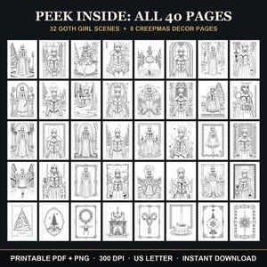 May include: A digital coloring book collection featuring 40 pages, including 32 illustrations of characters in capes and 8 holiday decor designs. The text reads: PEEK INSIDE: ALL 40 PAGES, 32 GOTH GIRL SCENES + 8 CREEPMAS DECOR PAGES.