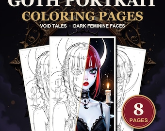 Puede incluir: Páginas para colorear de retratos góticos con ocho hojas que muestran dibujos de líneas de rostros femeninos, velas y lunas crecientes. El texto dice GOTH PORTRAIT COLORING PAGES, VOID TALES, DARK FEMININE FACES, 8 PAGES, PRINTABLE PDF + PNG, 300 DPI, INSTANT DOWNLOAD.