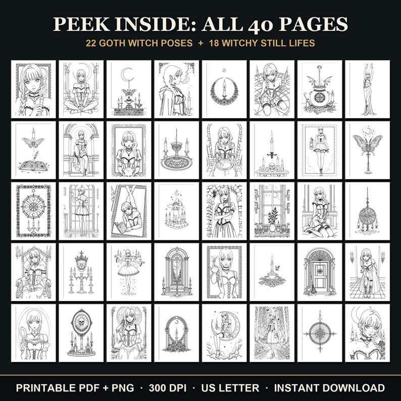 Witchy Coloring Book | 40 Goth Witch Coloring Pages for Adults, Candles, Moon & Ritual Printable PDF Download image 2