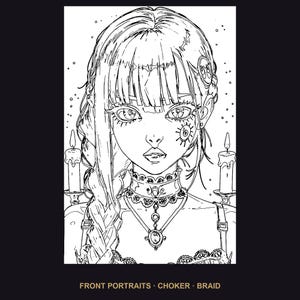 Puede incluir: Una ilustraci&oacute;n de arte lineal en blanco y negro de una persona con una trenza larga, que lleva un collar de encaje detallado con un colgante central. La persona tiene un s&iacute;mbolo solar en la mejilla y dos velas encendidas. Texto: FRONT PORTRAITS &middot; CHOKER &middot; BRAID.