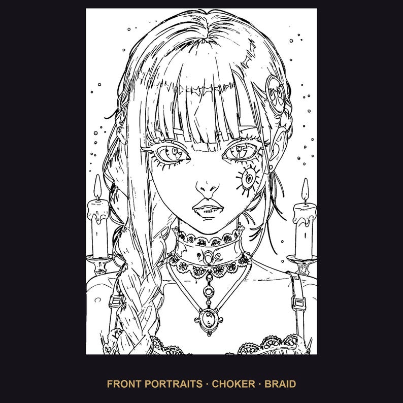 Puede incluir: Una ilustraci&oacute;n de arte lineal en blanco y negro de una persona con una trenza larga, que lleva un collar de encaje detallado con un colgante central. La persona tiene un s&iacute;mbolo solar en la mejilla y dos velas encendidas. Texto: FRONT PORTRAITS &middot; CHOKER &middot; BRAID.