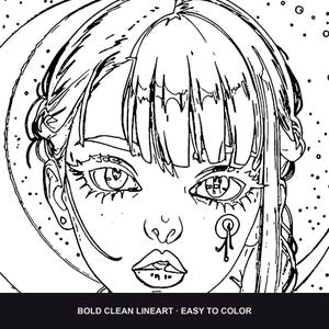 Puede incluir: Una p&aacute;gina para colorear en blanco y negro con un retrato de arte lineal detallado de una persona con flequillo, ojos grandes y una peque&ntilde;a marca circular en la mejilla. El texto BOLD CLEAN LINEART &middot; EASY TO COLOR est&aacute; impreso abajo.