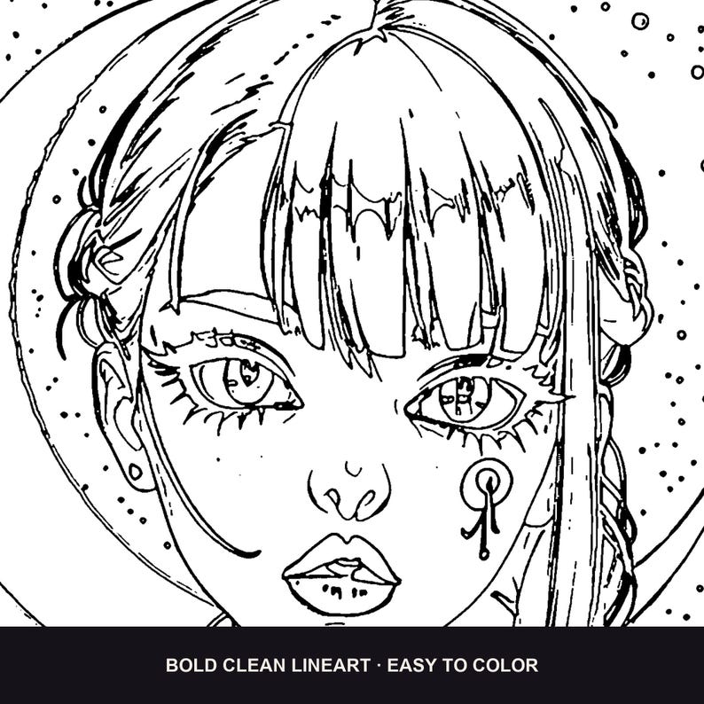 Puede incluir: Una p&aacute;gina para colorear en blanco y negro con un retrato de arte lineal detallado de una persona con flequillo, ojos grandes y una peque&ntilde;a marca circular en la mejilla. El texto BOLD CLEAN LINEART &middot; EASY TO COLOR est&aacute; impreso abajo.