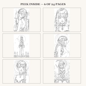 Puede incluir: Una vista previa de p&aacute;gina de libro para colorear titulada PEEK INSIDE &ndash; 6 OF 24 PAGES, que presenta seis ilustraciones distintas en blanco y negro de personajes con cabello trenzado, joyas ornamentadas, velas y motivos de luna creciente.