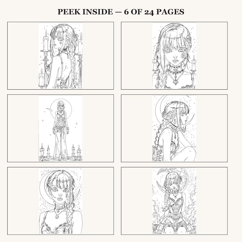 Puede incluir: Una vista previa de p&aacute;gina de libro para colorear titulada PEEK INSIDE &ndash; 6 OF 24 PAGES, que presenta seis ilustraciones distintas en blanco y negro de personajes con cabello trenzado, joyas ornamentadas, velas y motivos de luna creciente.