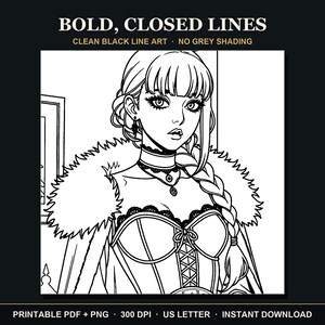 May include: A black and white line art coloring page featuring a character with a braided hairstyle, wearing a corset top with lace trim and a fur-trimmed cape. The text reads BOLD, CLOSED LINES, CLEAN BLACK LINE ART, NO GREY SHADING.