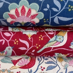 Tilda ‘Jubilee Bird Tree’ fabric in Blue or Red, priced per Fat Quarter meter and cut to order
