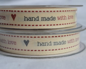Berisford 15mm cream woven ribbon with 'hand made' message - label handmade items,gift wrap ribbon