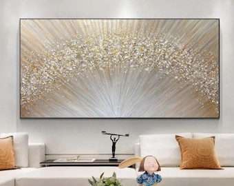 Hand-Painted Abstract Gold Texture Oil Painting: Minimalist Yellow Ripple Wall Art Decor
