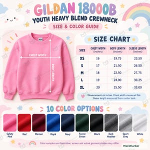 May include: A pink Gildan 18000B youth heavy blend crewneck sweatshirt size and color guide. The image displays a pink sweatshirt with chest width and body length arrows, a size chart in inches, and ten fabric color swatches with labels.
