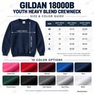 Gildan 18000B Youth Sweatshirt Size & Color Chart – Clean Classic Digital Listing Image