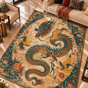 Chinese Dragon and Phoenix Rug, Teal Gold Floral Rectangular Area Rug, Vintage Asian Inspired Living Room Decor