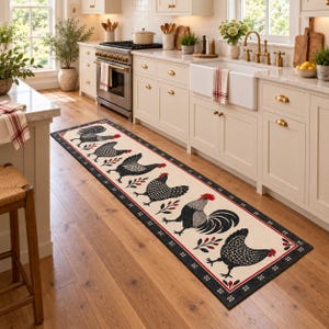 May include: A long rectangular kitchen runner rug featuring a repeating pattern of black and white roosters with red combs and wattles, accented by small red leaf motifs, all set against a cream background with a thick black border trim.