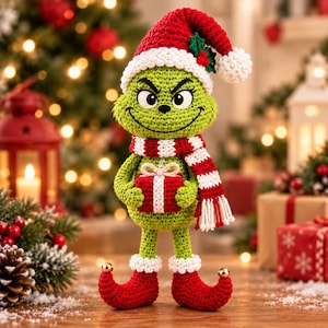 Pode incluir: Uma boneca de crochê de criatura verde usando um gorro de Papai Noel vermelho e branco com um detalhe de azevinho, um cachecol listrado de vermelho e branco e sapatos vermelhos de ponta curvada com guizos dourados, segurando um presente.