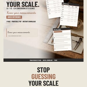 May include: A printable PDF scale conversion cheat sheet titled STOP GUESSING YOUR SCALE. The document features tables for 1:6, 1:12, and 1:24 scale conversions, furniture sizes, and a how scale works guide, presented as a digital download for miniature hobbyists.