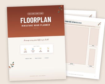 Puede incluir: Una guía de plano de planta para habitaciones en miniatura con una cubierta en degradado marrón y crema que presenta el texto FLOORPLAN MINIATURE ROOM PLANNER y 4 escalas. Las páginas interiores muestran recortes.