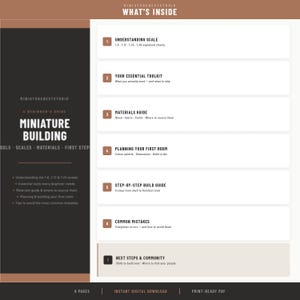May include: A digital document titled Miniature Building: A Beginner's Guide, featuring a dark brown sidebar with white text and a white main section listing seven chapters: Understanding Scale, Your Essential Toolkit, Materials Guide, Planning Your First Room, Step-by-Step Build Guide, Common Mistakes, and Next Steps & Community.