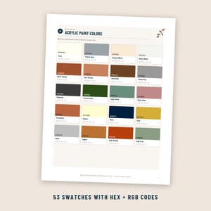 Puede incluir: Una hoja de referencia titulada Acrylic Paint Colors que presenta una cuadr&iacute;cula de 20 muestras de color. Cada muestra muestra un color &uacute;nico, su nombre, un c&oacute;digo HEX y valores RGB. Los tonos incluyen marfil, gris, blanco, marr&oacute;n, verde, azul y naranja.