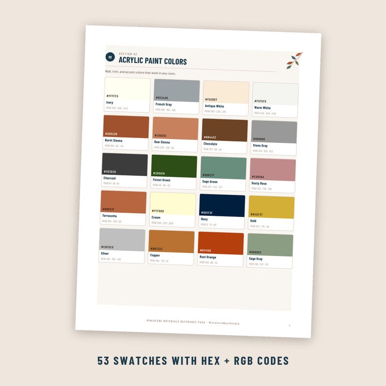 Puede incluir: Una hoja de referencia titulada Acrylic Paint Colors que presenta una cuadr&iacute;cula de 20 muestras de color. Cada muestra muestra un color &uacute;nico, su nombre, un c&oacute;digo HEX y valores RGB. Los tonos incluyen marfil, gris, blanco, marr&oacute;n, verde, azul y naranja.