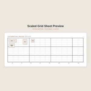May include: A Scaled Grid Sheet Preview with the text 1:12 Standard Scale - Each square = 1 real foot. The grid represents a 14 ft by 11 ft room with small rectangular icons labeled Sofa, Bed, Chair, and Dining Table placed within the grid squares.