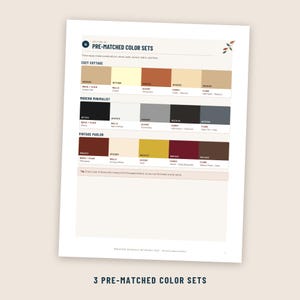 Puede incluir: Un documento titulado Pre-Matched Color Sets que presenta tres filas de muestras de color etiquetadas como Cozy Cottage, Modern Minimalist y Vintage Parlor. Cada fila muestra cinco bloques de color con c&oacute;digos hexadecimales y etiquetas.