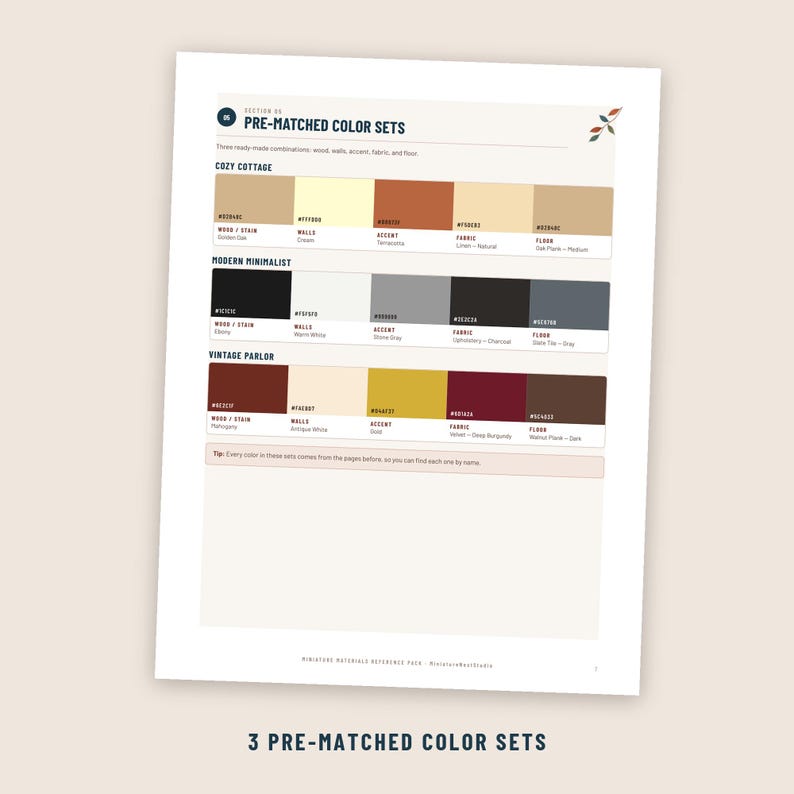 Puede incluir: Un documento titulado Pre-Matched Color Sets que presenta tres filas de muestras de color etiquetadas como Cozy Cottage, Modern Minimalist y Vintage Parlor. Cada fila muestra cinco bloques de color con c&oacute;digos hexadecimales y etiquetas.