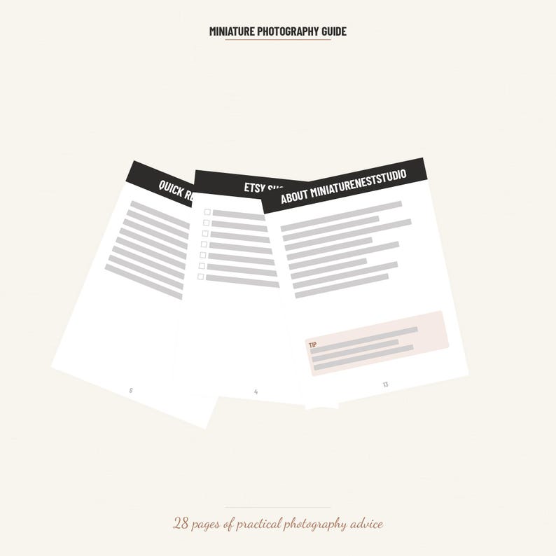 May include: A digital guide titled Miniature Photography Guide featuring 28 pages of practical photography advice. The document displays three overlapping pages with black headers labeled Quick Re, Etsy Sh, and About Miniatureneststudio with text.