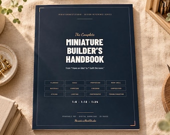 May include: A dark blue book titled The Complete Miniature Builder's Handbook with white text and gold accents. The cover lists topics including planning, scale, proportion, materials, furniture, lighting, and photography, with 1:6, 1:12, and 1:24 scales.