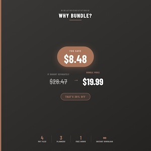 Puede incluir: Un gr&aacute;fico digital gris oscuro titulado WHY BUNDLE? de MINIATURENESTSTUDIO. Muestra un ahorro de $8.48, comparando un precio por separado de $28.47 con un precio de paquete de $19.99, indicando 30% de descuento, 4 archivos PDF, 3 planificadores, 1 bono gratis y descarga instant&aacute;nea.