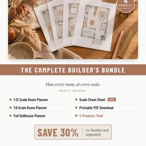 Puede incluir: Un conjunto de planificadores digitales titulado The Complete Builder's Bundle de MiniatureNestStudio. Incluye cuatro planificadores de habitaciones en PDF imprimibles para casas de mu&ntilde;ecas, planos, una regla y una gu&iacute;a.