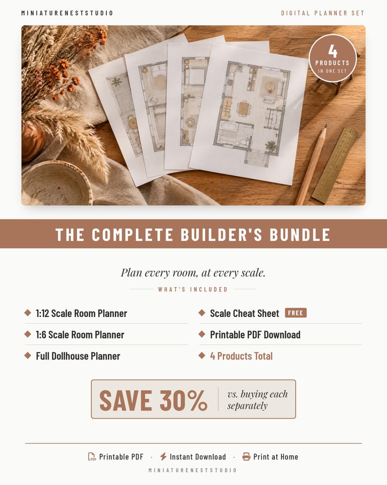 Puede incluir: Un conjunto de planificadores digitales titulado The Complete Builder's Bundle de MiniatureNestStudio. Incluye cuatro planificadores de habitaciones en PDF imprimibles para casas de mu&ntilde;ecas, planos, una regla y una gu&iacute;a.
