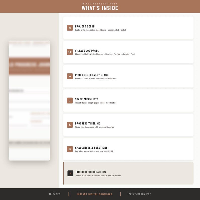 May include: A digital planner document titled WHAT'S INSIDE featuring sections for project setup, 8 stage log pages, photo slots, stage checklists, progress timeline, challenges and solutions, and a finished build gallery, all in a clean layout.