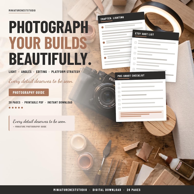 May include: A digital photography guide titled Photograph Your Builds Beautifully, featuring a camera, checklists, and art supplies. The text includes Chapter: Lighting, Etsy Shot List, Pre-Shoot Checklist, and Miniatureneststudio branding.