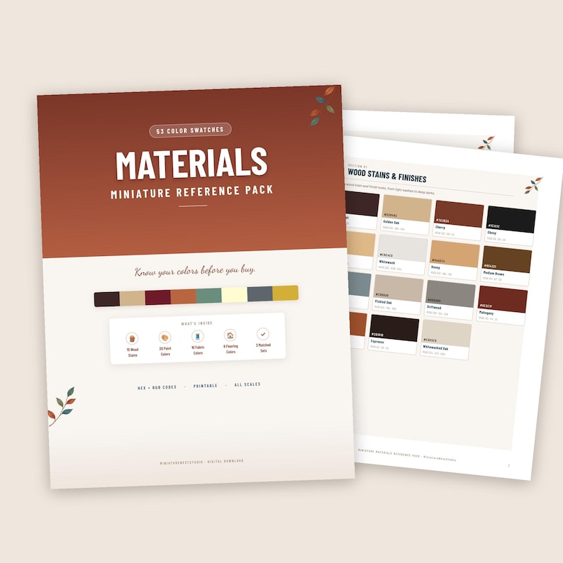 Puede incluir: Un paquete de referencia digital titulado Materials Miniature Reference Pack con una portada en degradado marr&oacute;n. Incluye 53 muestras de color, como tintes para madera, pinturas, telas y suelos, con c&oacute;digos hex y RGB para proyectos.