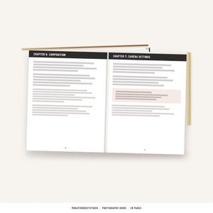 May include: An open instructional guide with two pages visible. The left page is titled CHAPTER 6: COMPOSITION and the right page is titled CHAPTER 7: CAMERA SETTINGS. Both pages contain grey horizontal lines representing text and a wooden ruler.