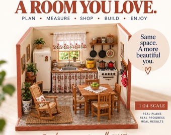 Puede incluir: Una caja de habitación de cocina en miniatura a escala 1:24 con una mesa de comedor de madera con cuatro sillas, un refrigerador blanco, una estufa, un fregadero con cortinas florales, una mecedora y accesorios. Texto: FROM IDEA TO A ROOM YOU LOVE.