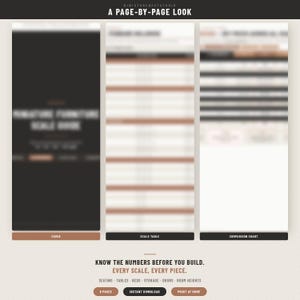 May include: A digital guide titled A PAGE-BY-PAGE LOOK featuring a cover, scale table, and comparison chart. The text reads KNOW THE NUMBERS BEFORE YOU BUILD. EVERY SCALE, EVERY PIECE. SEATING, TABLES, BEDS, STORAGE, DOORS, ROOM HEIGHTS.
