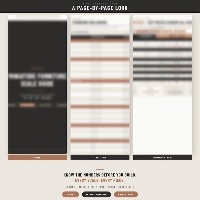 May include: A digital guide titled A PAGE-BY-PAGE LOOK featuring a cover, scale table, and comparison chart. The text reads KNOW THE NUMBERS BEFORE YOU BUILD. EVERY SCALE, EVERY PIECE. SEATING, TABLES, BEDS, STORAGE, DOORS, ROOM HEIGHTS.