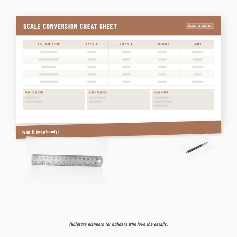 May include: A brown and beige scale conversion cheat sheet with a table for 1:6, 1:12, and 1:24 scales, furniture dimensions, and formulas. The document includes the text Scale Conversion Cheat Sheet, Print & keep handy!, and a metal ruler.