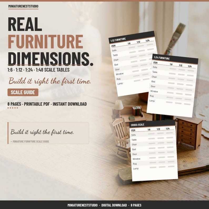 May include: A printable PDF scale guide for miniature furniture featuring three charts labeled 1:12 FURNITURE, 1:24 FURNITURE, and CROSS-SCALE. The document includes text reading REAL FURNITURE DIMENSIONS, 1:6 1:12 1:24 1:48 SCALE TABLES, and Build it right the first time.