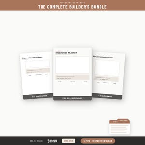 Puede incluir: Un paquete digital con tres hojas de planificaci&oacute;n blancas tituladas Miniature Room Planner y Dollhouse Planner, junto con una peque&ntilde;a tarjeta de referencia de escala. El texto incluye The Complete Builder's Bundle y 4 PDFs Instant Download.