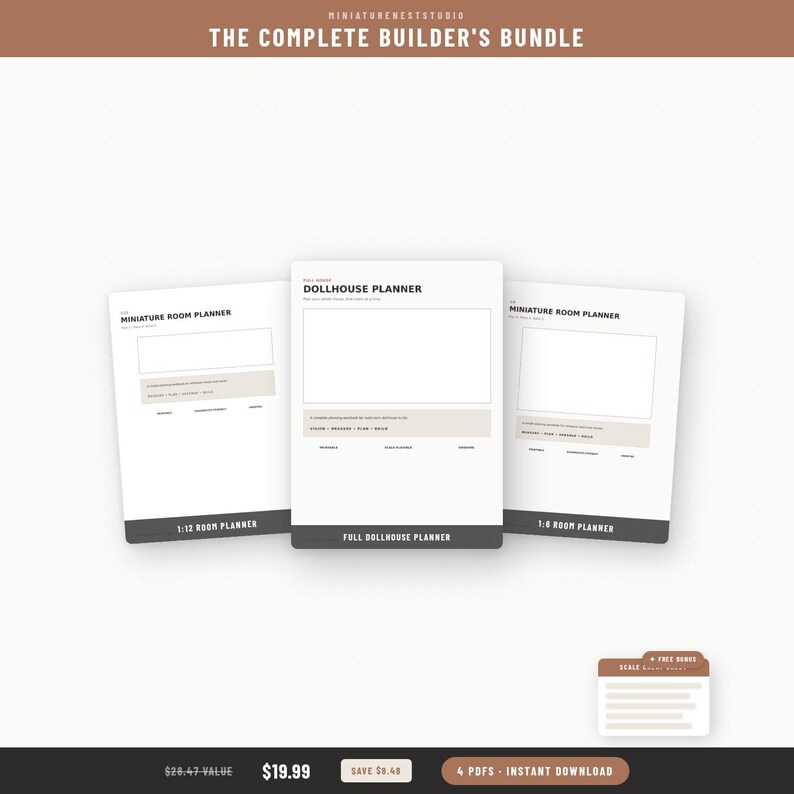 Puede incluir: Un paquete digital con tres hojas de planificaci&oacute;n blancas tituladas Miniature Room Planner y Dollhouse Planner, junto con una peque&ntilde;a tarjeta de referencia de escala. El texto incluye The Complete Builder's Bundle y 4 PDFs Instant Download.