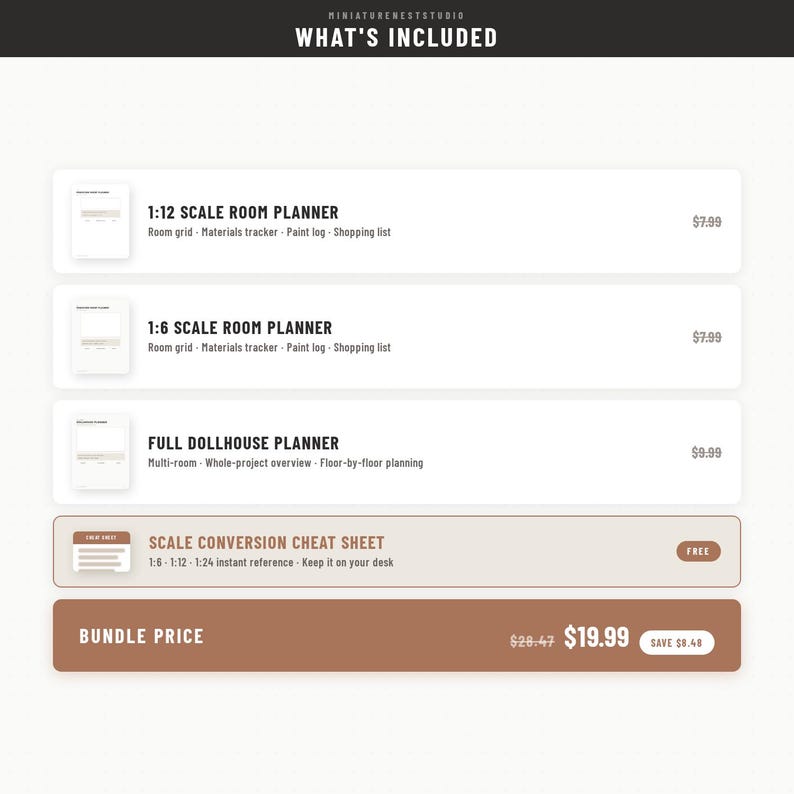 Puede incluir: Una lista de productos digitales titulada WHAT'S INCLUDED de MiniatureNestStudio. Incluye un planificador de habitaciones a escala 1:12, 1:6, un planificador completo de casa de mu&ntilde;ecas y una hoja de conversi&oacute;n de escala 1:6, 1:12, 1:24.