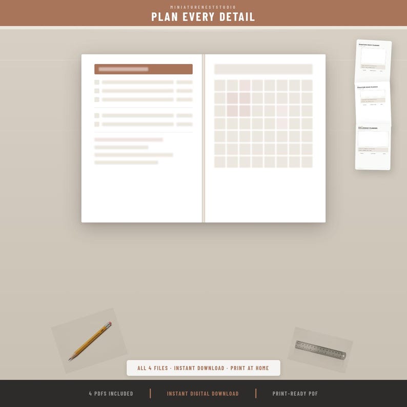 Puede incluir: Una agenda abierta con una p&aacute;gina de lista a la izquierda y una cuadr&iacute;cula de calendario mensual a la derecha. El texto PLAN EVERY DETAIL est&aacute; en la parte superior. Un l&aacute;piz y una regla de metal se muestran debajo. Incluye cuatro PDF.