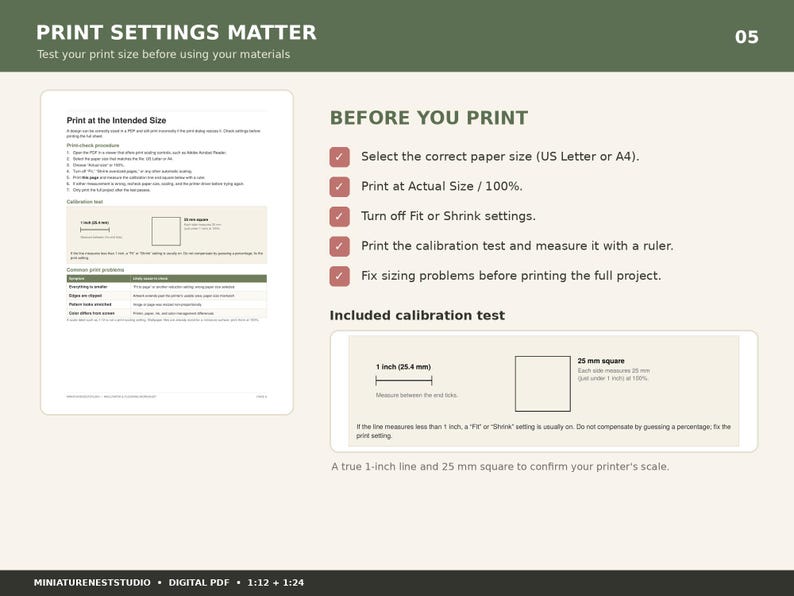 Dollhouse Wallpaper & Flooring Guide PDF, 1 12 and 1 24 Scale Miniature How-To, Printable Room Box Worksheets, Print Calibration Test image 5
