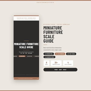 May include: A digital download reference guide titled Miniature Furniture Scale Guide. The document features text detailing scales including 1:6, 1:12, 1:24, and 1:48, with sections for 8 pages, 30+ furniture pieces, and 4 scales covered, printed in black and white.
